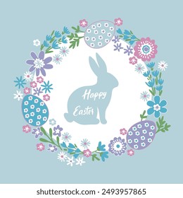 Fondo de Pascua con lindo huevo de Pascua, conejito y guirnalda floral. Tarjeta de celebración de Pascua de Vector con dos liebres lindas rodeadas por marco floral dibujado a mano sobre fondo azul.