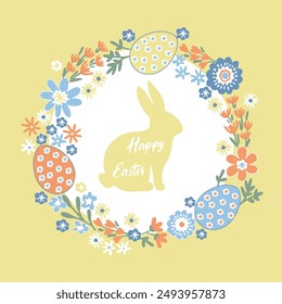 Fondo de Pascua con lindo huevo de Pascua, conejito y guirnalda floral. Tarjeta de celebración de Pascua de Vector con dos liebres lindas rodeadas por marco floral dibujado a mano sobre fondo amarillo.