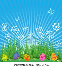 Easter Background with cute eggs, flowers and butterflies. Cartoon spring scene with grass,sky and colored eggs in field. For holiday flyers, cards and banners design.
