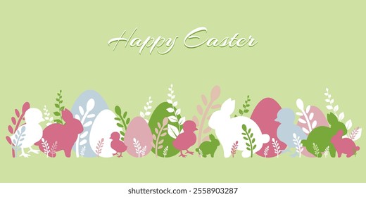 Easter background. Cute hand drawn Easter horizontal background with easter eggs, bunnies, chickens and flowers. Great for Easter Cards, banner, wallpapers. Vector illustration EPS 10