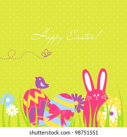 Easter Background with cute rabbit, colorful eggs and a chick