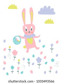 Easter background with cute rabbit. Vector illustration