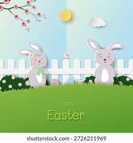 Fondo de Pascua con conejos lindos y hermoso jardín de primavera en el día de sol, Ilustración vectorial