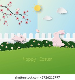 Easter background with cute rabbits and beautiful spring garden on sunshine day,vector illustration