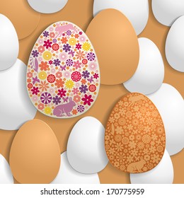 Easter background with decorated, brown and white eggs