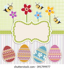 Easter background with decorated eggs .