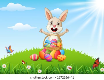 Easter background with decorated Easter eggs, Easter eggs in basket and funny rabbit. Vector illustration