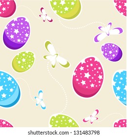 Fondo de Semana Santa con huevos decorados y mariposas.