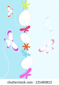 Easter background with decorated eggs and butterflies.