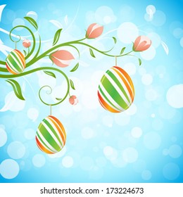 Easter Background with Decorated Eggs and Flowers