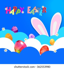 Easter background with decorated Easter eggs hide on cloud and bunny ears