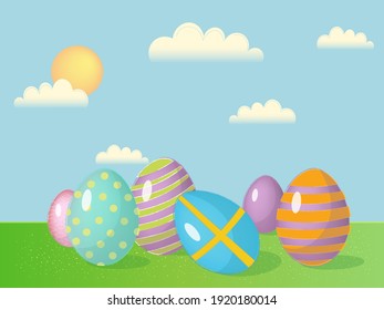 Easter background with decorated eggs lying on green grass. Vector illustration.