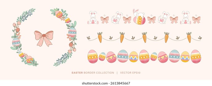 Easter background decoration element set, vector illustration, including Easter eggs, floral border design 