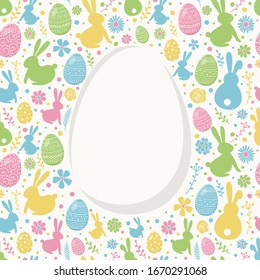 Easter background with decorative eggs, bunnies and flowers. Poster with copyspace. Vector