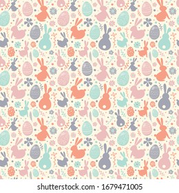 Easter background with decorative eggs, bunnies and flowers. Seamless texture. Vector