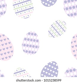 Easter background with decorative violet, purple eggs with ornaments. Seamless background with eggs. Purple cute  Easter eggs on the white background.