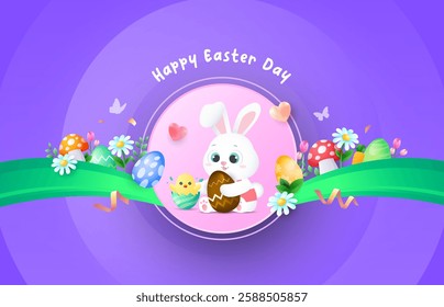 Easter background design with cute rabbit, easter elements and circle design purple background. Vector illustration template for festive concept and promotion.