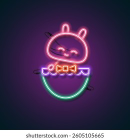 Easter background design. Rabbit neon. Pink rabbit. Purple rabbit neon.