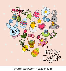 Easter background with doodle eggs, rabbits, chicken