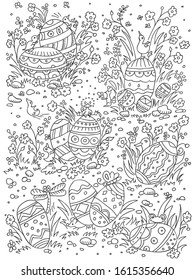 Easter background in doodle style with egg and duck, mouse and dragonfl. Hand drawn doodle poster. Vector illustration.