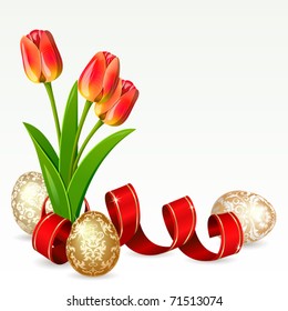 Easter background with egg decorated and flowers