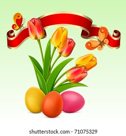 Easter background with egg decorated, red ribbon and tulips