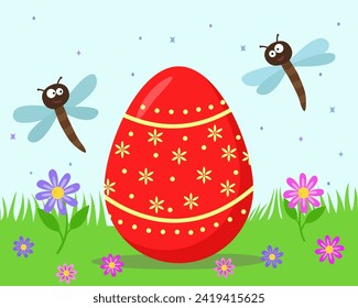 Easter background with Easter egg, dragonflies, clouds, flowers and grass. Spring background. Easter holiday.
