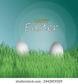 Easter background with egg in the grass field