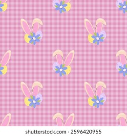 Easter Background. Easter egg with rabbit ears and flower on pink chequered background. Seamless pattern for textile, wrapping paper, postcards or covers.
