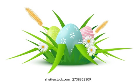 Easter background. Easter eggs among green grass blades with white daisies, golden wheat, pastel shells on white background. Spring festive colorful vector illustration.