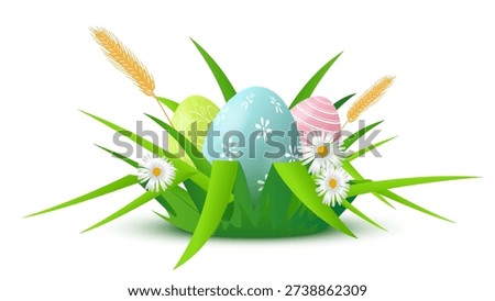 Easter background. Easter eggs among green grass blades with white daisies, golden wheat, pastel shells on white background. Spring festive colorful vector illustration.