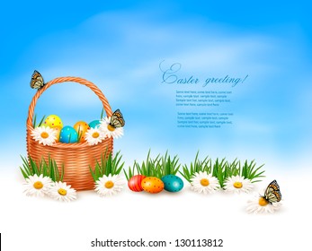 Easter background with Easter eggs in basket and butterfly on flowers. Vector