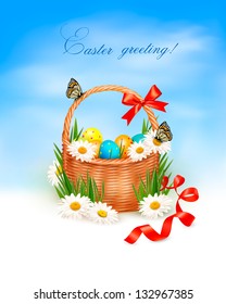 Easter background with easter eggs with basket in the grass. Vector