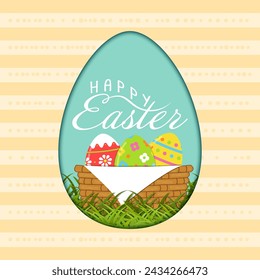 Osterhintergrund mit Ostereiern im Korb und Happy Easter Wünschen. Vektorgrafik.