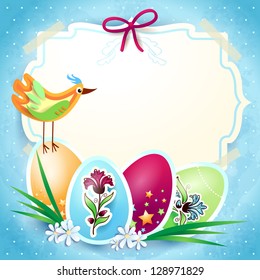 Easter background with eggs, bird and copy space. Vector