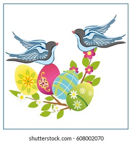 Easter background with eggs and birds with flowers and branches on a white background