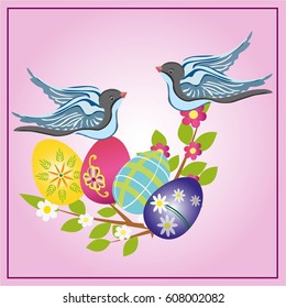 Easter background with eggs and birds with flowers and branches on pink background