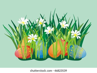 Easter background with eggs and blooming flowers