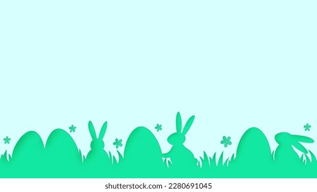 Easter background with eggs and bunnies. Minimal design for card, poster and banner. Vector illustration