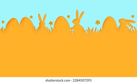 Easter background with eggs and bunnies. Minimal design for card, poster and banner. Vector illustration