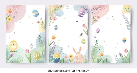 Easter background with eggs, bunny, chick, tulips. Springtime template. Spring greeting cards with place for text. 