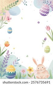 Easter background with eggs, bunny, tulips. Springtime template. Spring greeting card with place for text. 