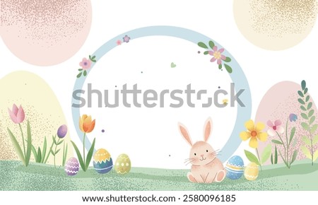 Easter background with eggs, bunny, tulips. Springtime template. Spring greeting card with place for text.