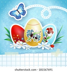 Easter background with eggs and butterfly, in blue. Vector 