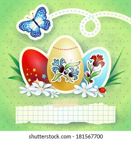 Easter background with eggs and butterfly, in green. Vector 