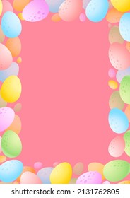 Easter background of eggs. Cartoon frame of colorful chocolate eggs on pink background. Vector 10 EPS.
