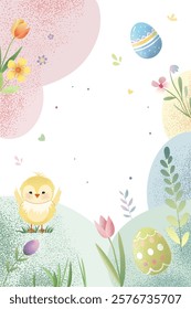 Easter background with eggs, chick, tulips. Springtime template. Spring greeting card with place for text. 