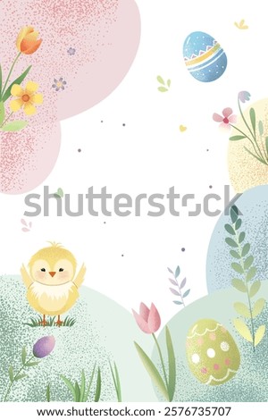 Easter background with eggs, chick, tulips. Springtime template. Spring greeting card with place for text. 