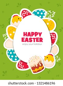 Easter background with easter eggs, chicken and place for your text.