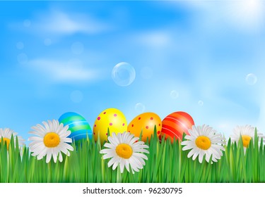 Easter background. Easter eggs with daisy on fresh green grass. Vector.